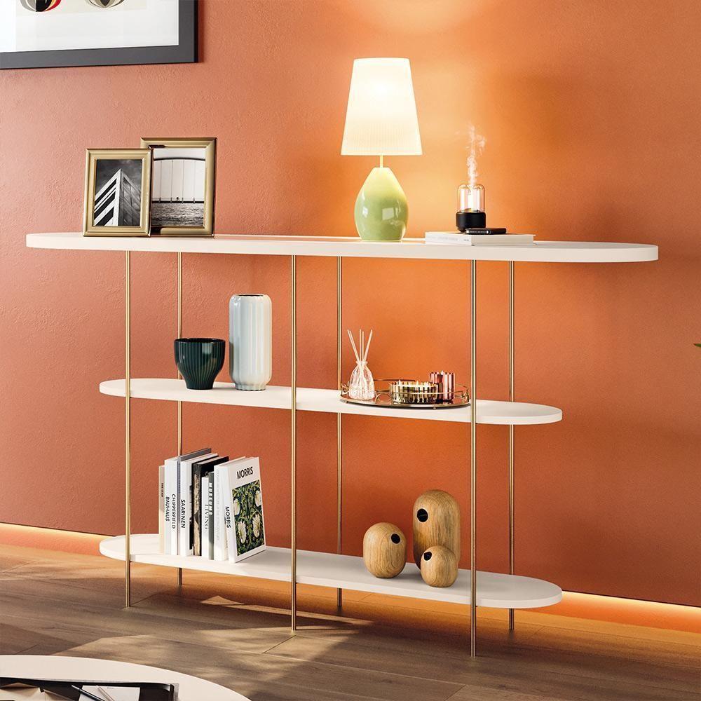 Aparador Decorativo Sala De Estar Walker Pés Em Aço Tampo Vidro Off White G26 - Gran Belo - 5