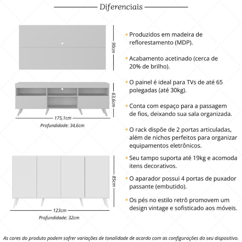 Rack Com Painel Para Tv Até 65 Polegadas E Aparador 4 Portas Retrô Multimóveis Mp1095 Branco - 5