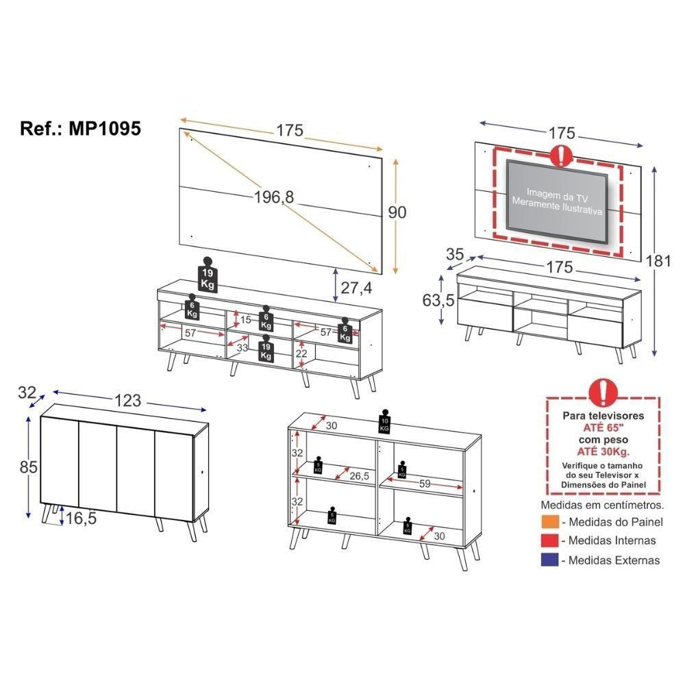 Rack Com Painel Para Tv Até 65 Polegadas E Aparador 4 Portas Retrô Multimóveis Mp1095 Branco - 6