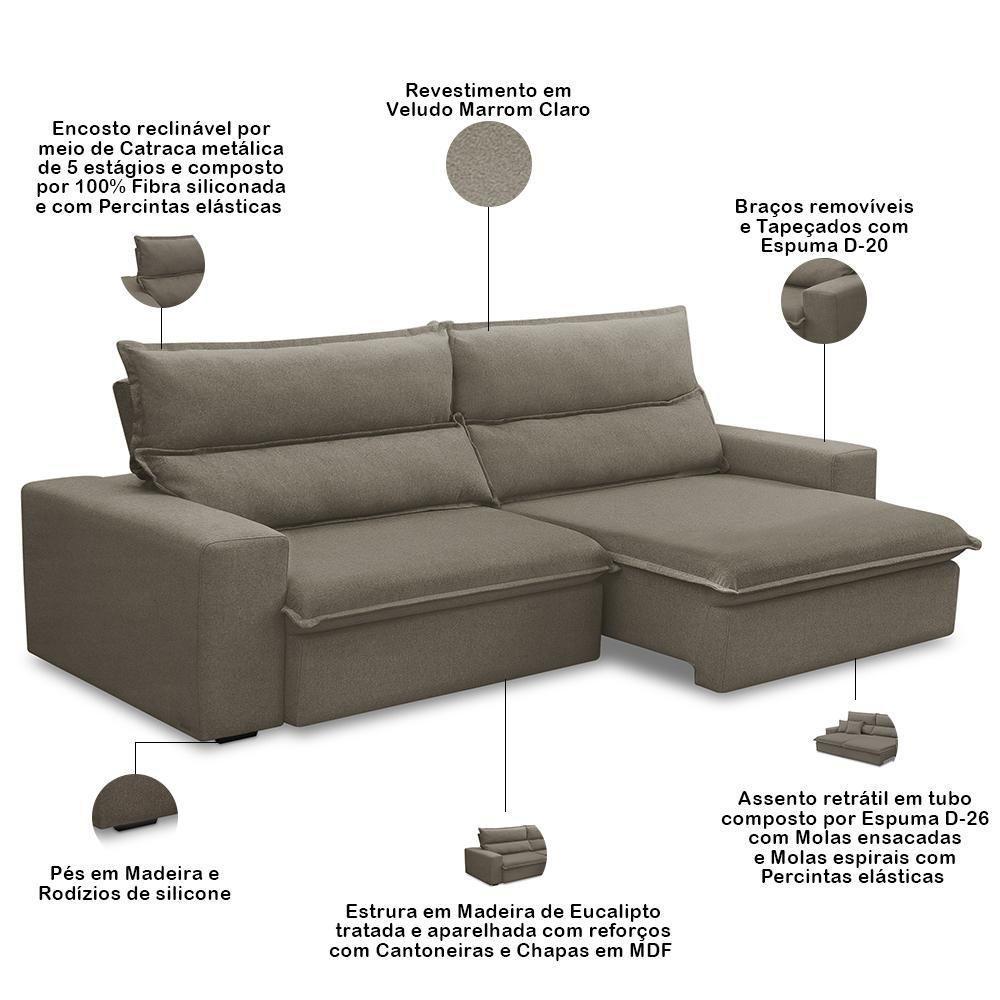 Sofá Retrátil Reclinável Para Sala 3 Lugares 210cm Senzi F04 Veludo Marrom Claro - Lyam Decor - 3