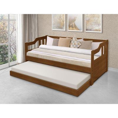 Sofa Cama Solteiro De Madeira Com Cama Auxiliar Com 2 Colchões - Castanho - Marrom