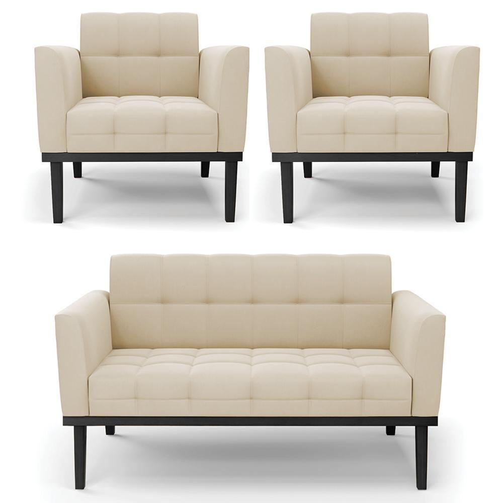 Sofá Namoradeira E 2 Poltronas Base Madeira Preto Ana Suede Bege - Ibiza - 1