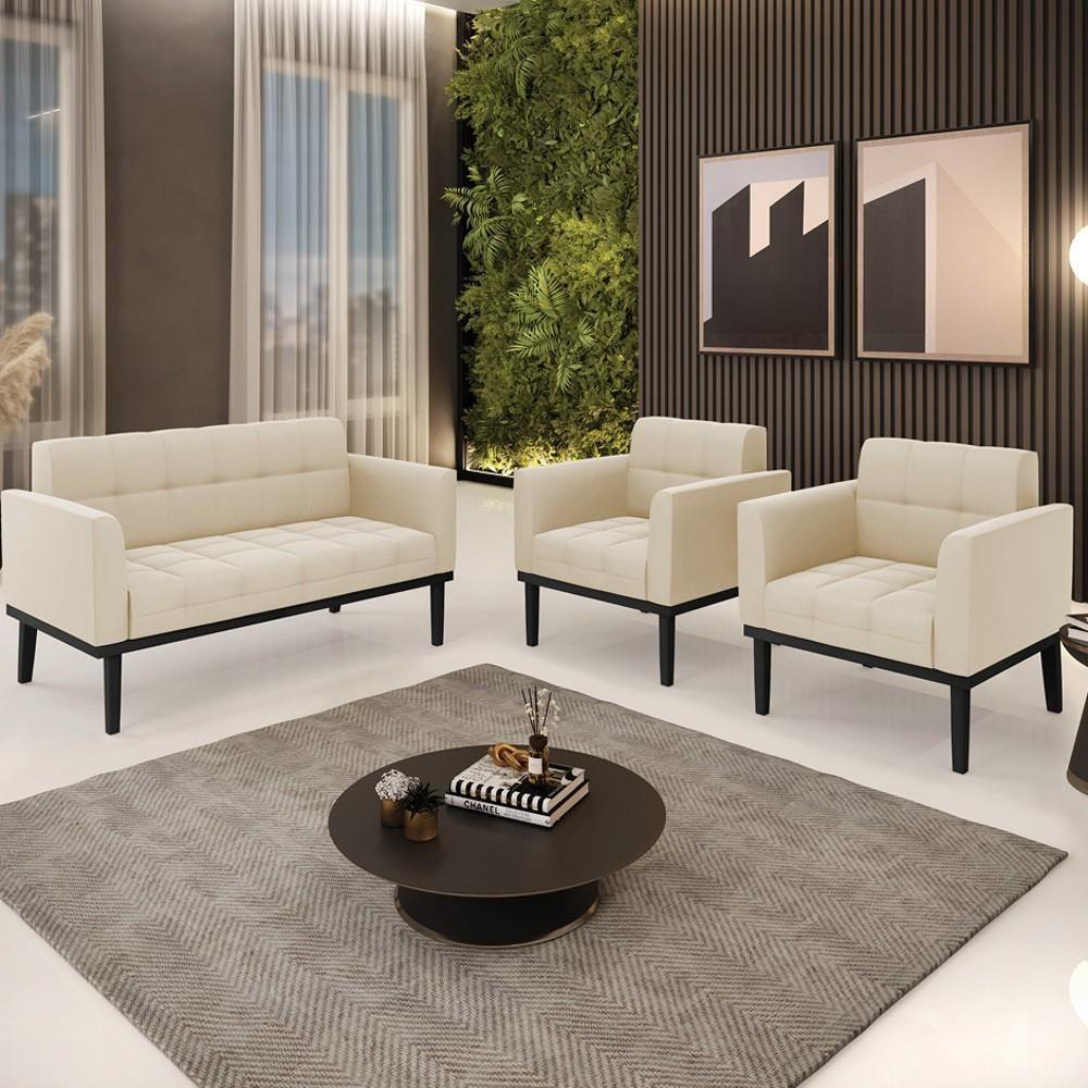 Sofá Namoradeira E 2 Poltronas Base Madeira Preto Ana Suede Bege - Ibiza - 2