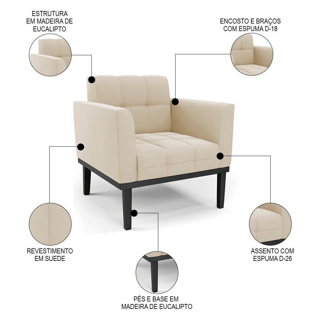 Sofá Namoradeira E 2 Poltronas Base Madeira Preto Ana Suede Bege - Ibiza - 5