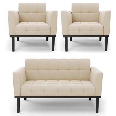 Sofá Namoradeira E 2 Poltronas Base Madeira Preto Ana Suede Bege - Ibiza