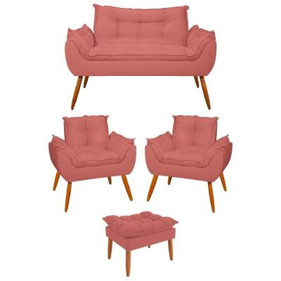 Kit 02 Poltronas + Sofá 2 Lugares Com Puff Opala Balaqui Rosa