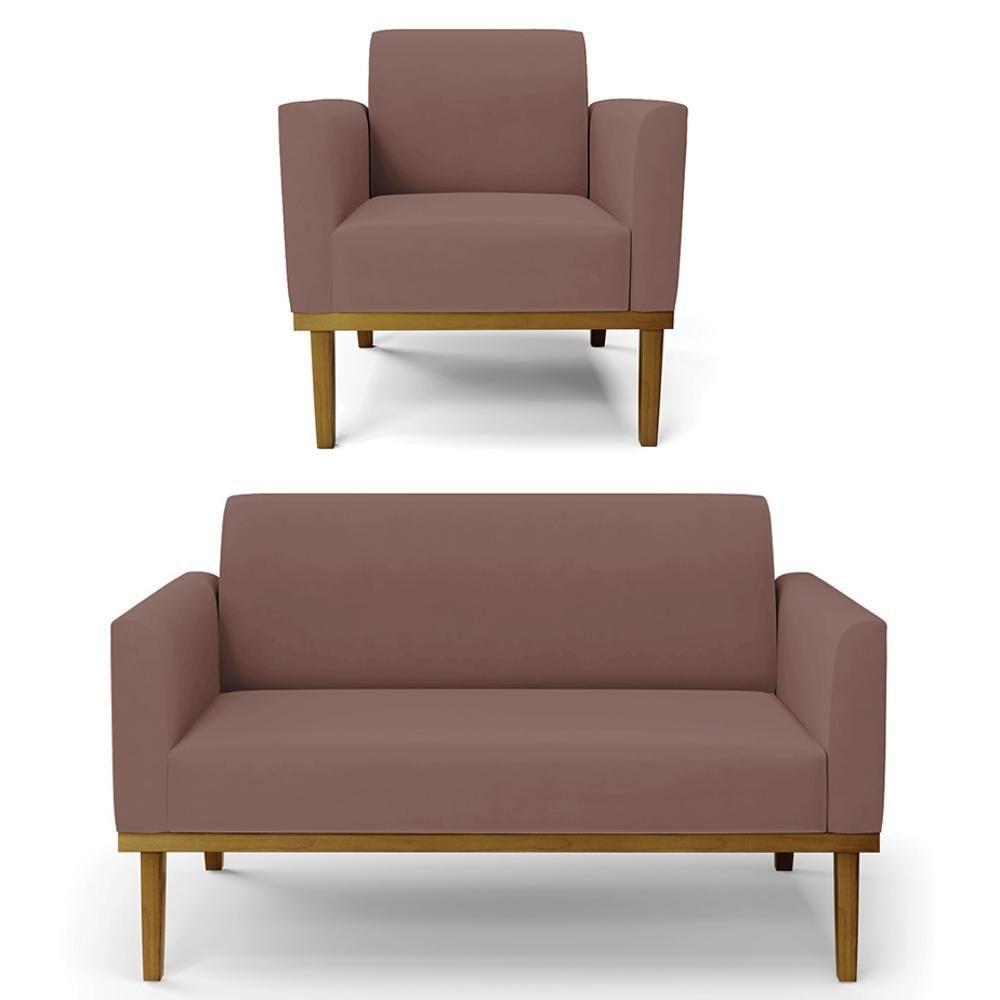 Sofá Namoradeira E 1 Poltrona Base Madeira Castanho Maressa Veludo Rosê - Ibiza - 1