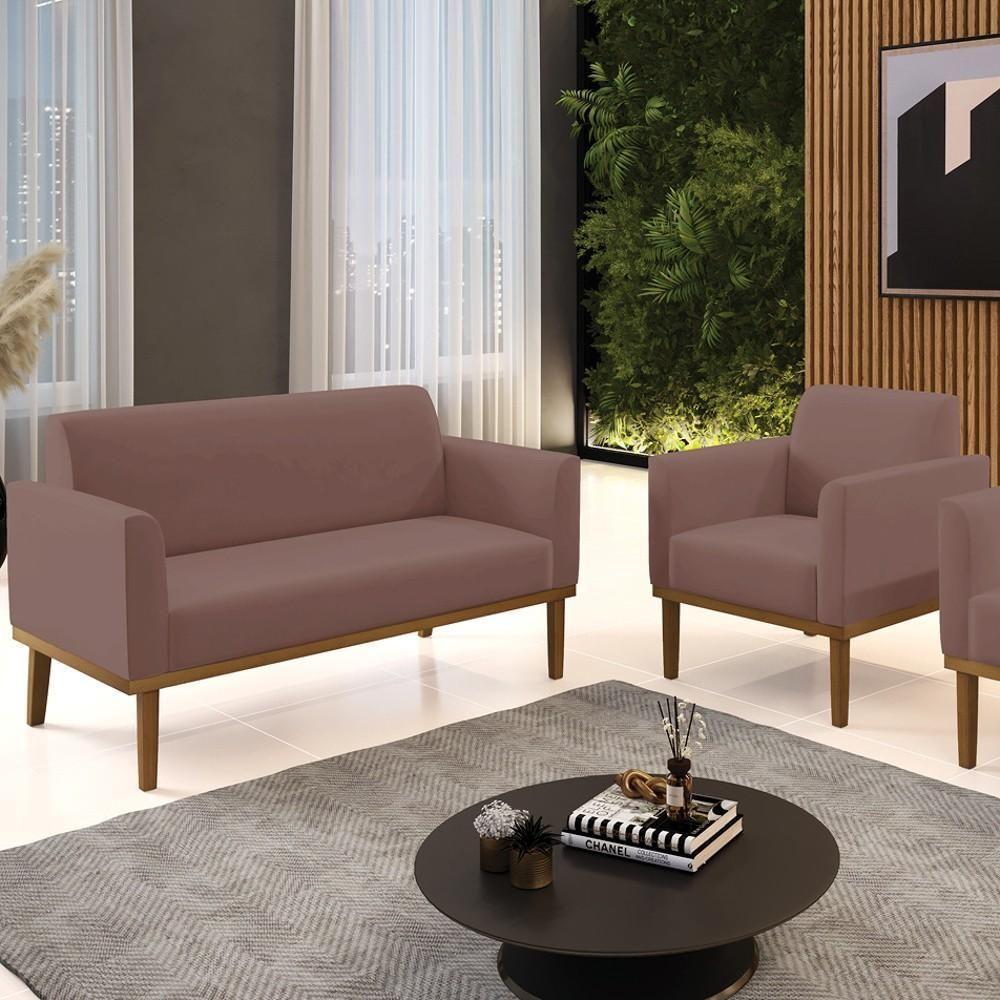 Sofá Namoradeira E 1 Poltrona Base Madeira Castanho Maressa Veludo Rosê - Ibiza - 7