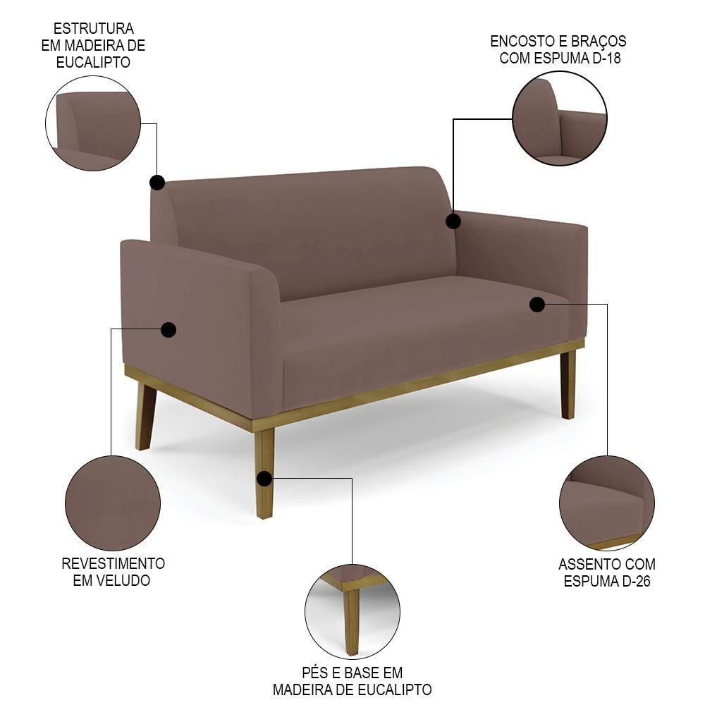 Sofá Namoradeira E 1 Poltrona Base Madeira Castanho Maressa Veludo Rosê - Ibiza - 10
