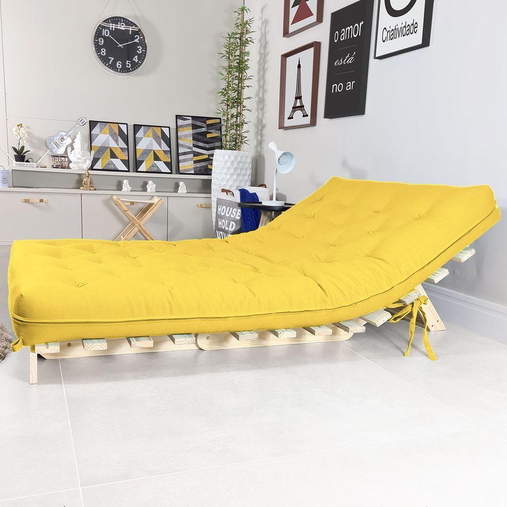 Sofa Cama Casal Futon Oriental Amarelo Acquablock Com Madeira Maciça - 4
