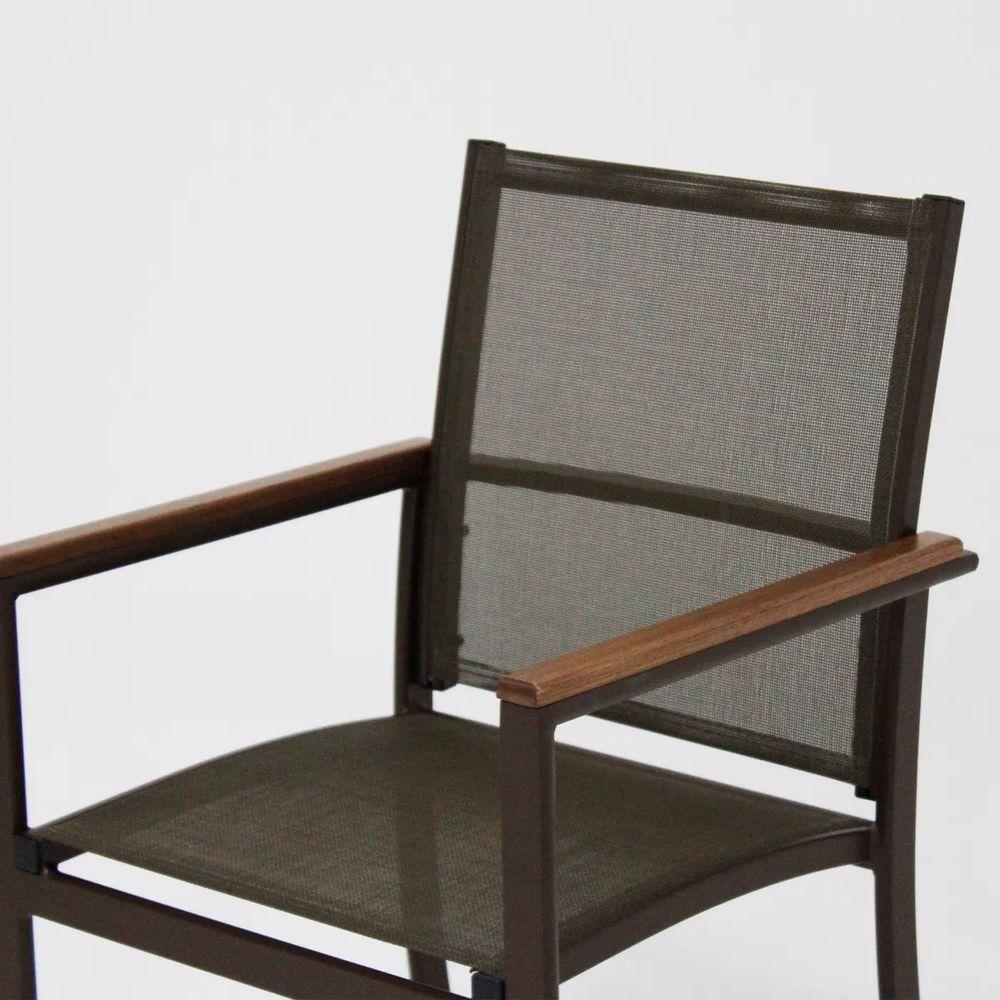 Poltrona Cadeira De Jantar Amélia Tela Sling E Alumínio Com Braço Detalhe Madeira Marrom - 6