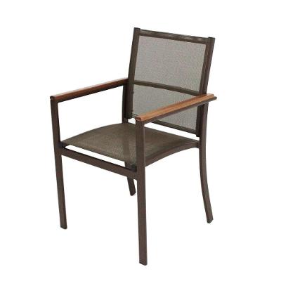 Poltrona Cadeira De Jantar Amélia Tela Sling E Alumínio Com Braço Detalhe Madeira Marrom
