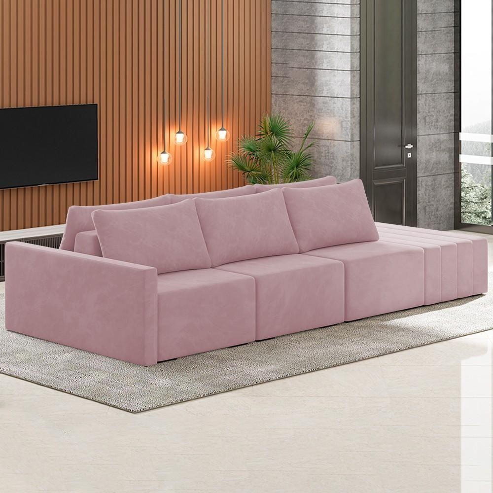 Sofá Ilha Modular Com Puff Para Sala Living 342cm Georgia K04 Veludo Rosê - Mpozenato - 2