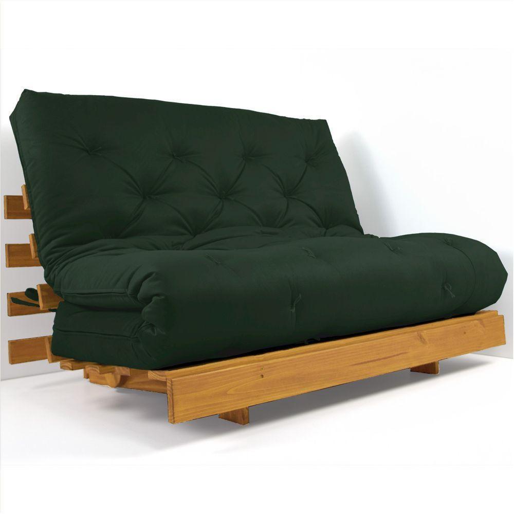 Sofá Cama Casal Futon Tokio Verde Militar Madeira Maciça Cor Mel - 1