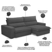 Sofá Retrátil Reclinável Para Sala 3 Lugares 230cm Senzi F04 Veludo Cinza Escuro - Lyam Decor - 3