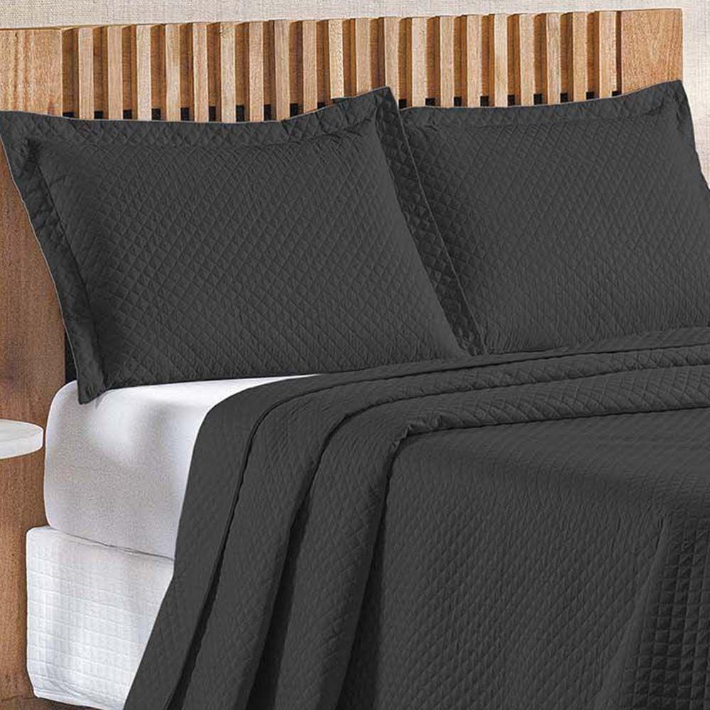 Kit Cobre Leito Colcha Ideale Queen 3 Peças Matelado Geométrico - Preto - 100% Poliéster - 3