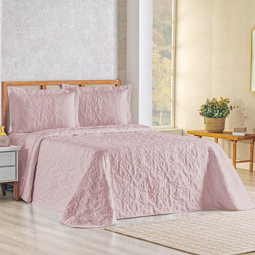 Kit Cobre Leito Colcha Celeste Queen 3 Peças Matelado Floral 180 Fios - Rose - 1