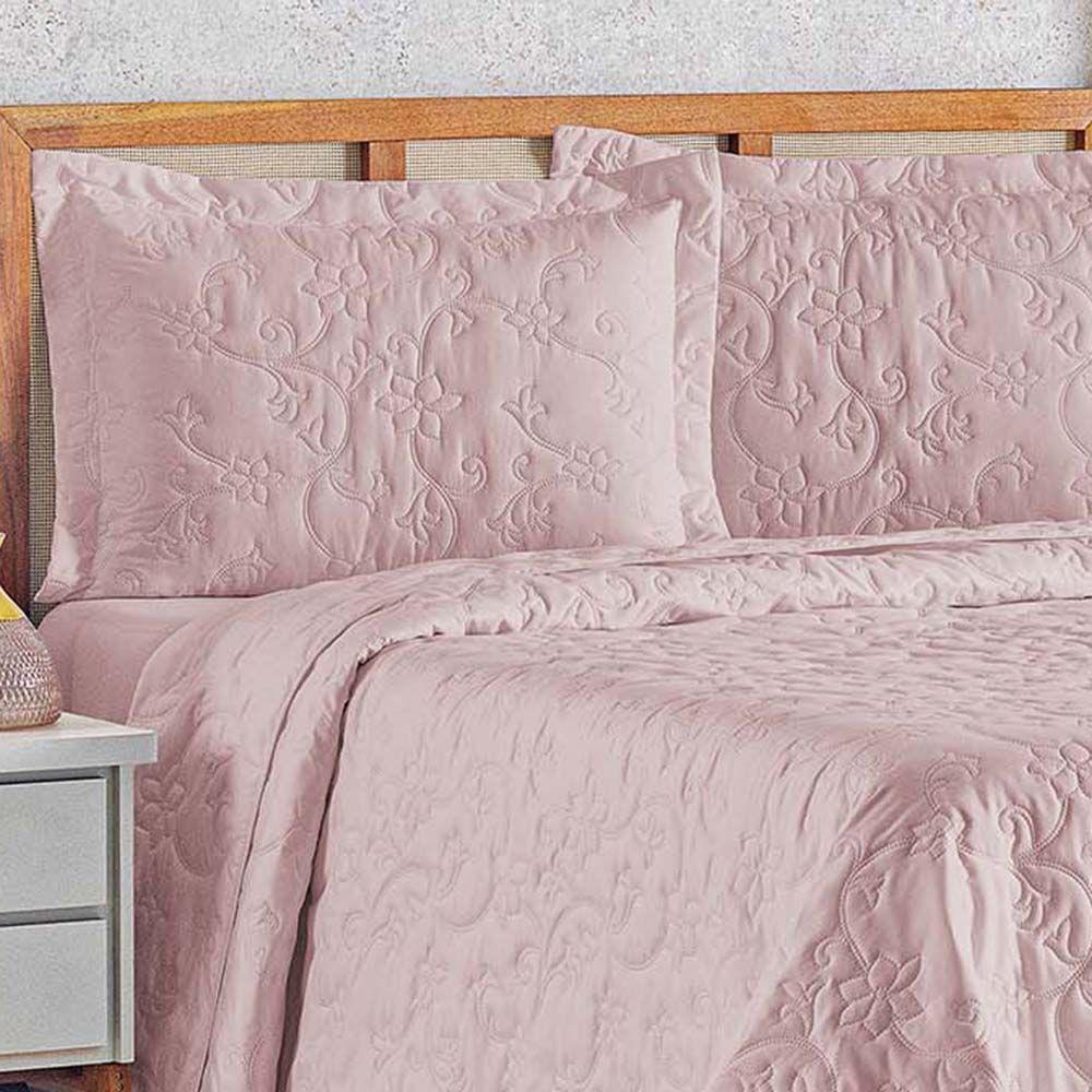 Kit Cobre Leito Colcha Celeste Queen 3 Peças Matelado Floral 180 Fios - Rose - 2