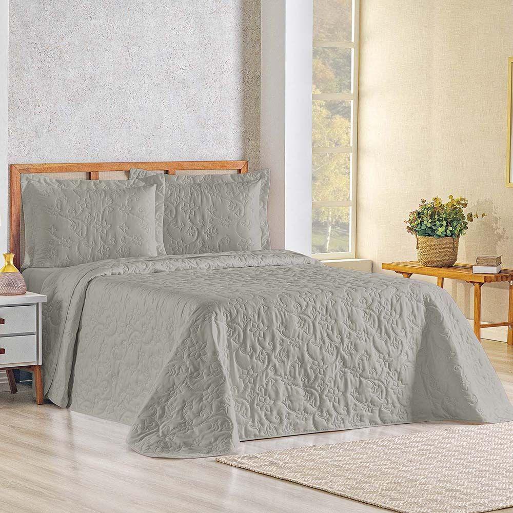 Kit Cobre Leito Colcha Celeste Queen 3 Peças Matelado Floral 180 Fios - Cinza - 1
