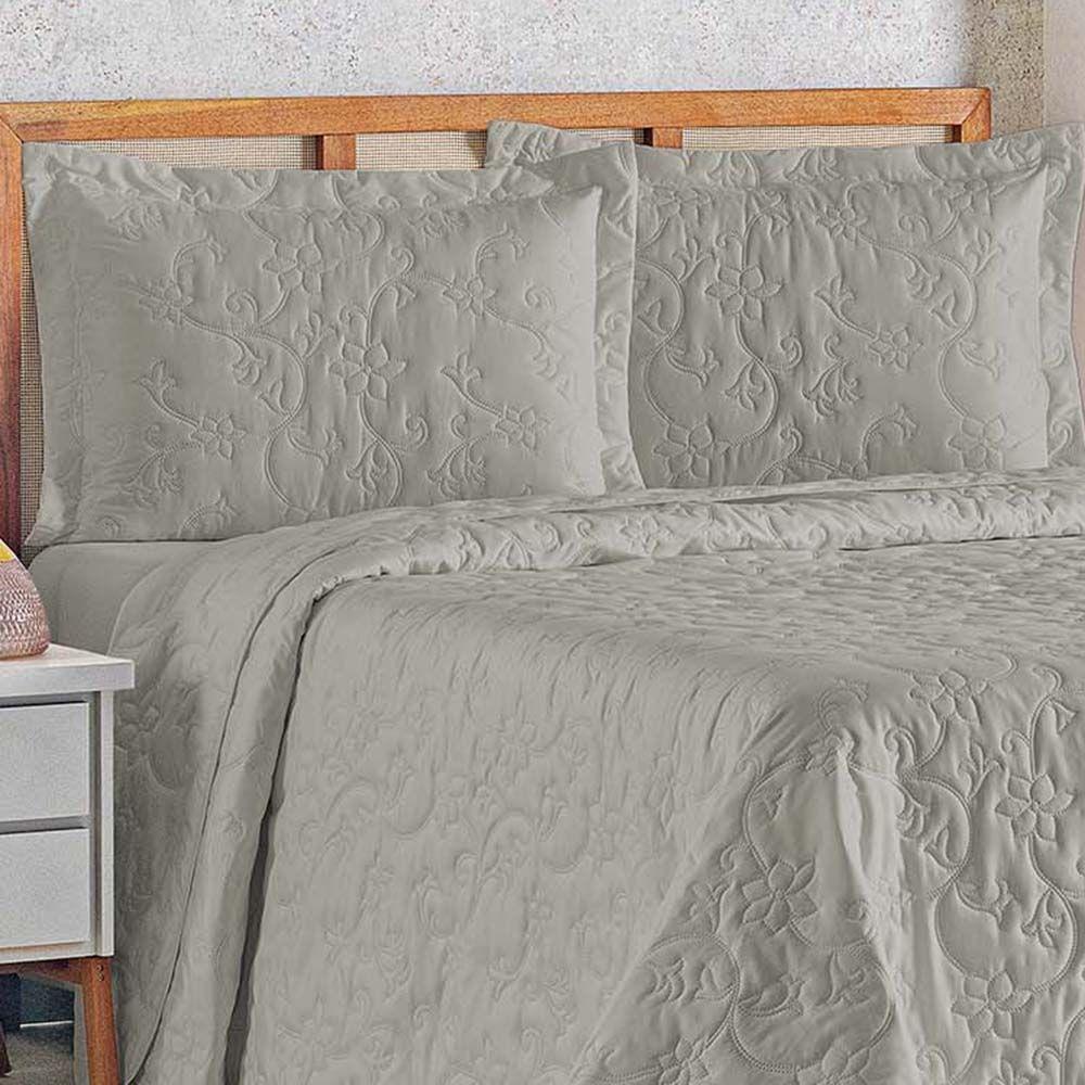 Kit Cobre Leito Colcha Celeste Queen 3 Peças Matelado Floral 180 Fios - Cinza - 2
