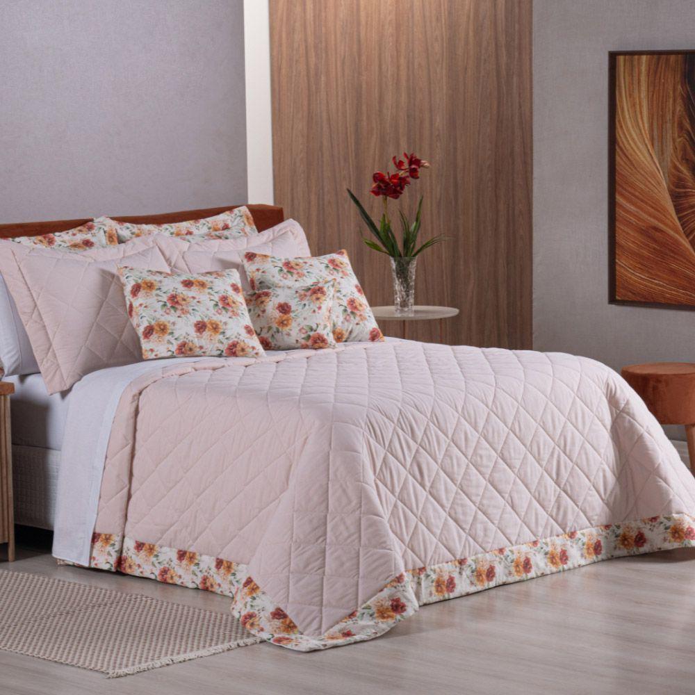 Kit Cobre Leito Colcha Luana Queen 5 Peças 100% Algodão 150 Fios Estampa Floral - Salmão - 1