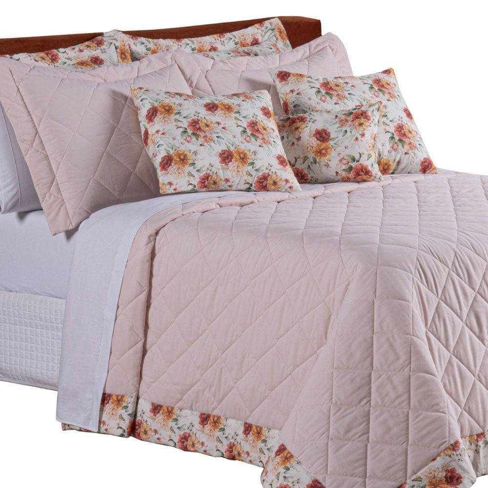 Kit Cobre Leito Colcha Luana Queen 5 Peças 100% Algodão 150 Fios Estampa Floral - Salmão - 3