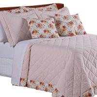 Kit Cobre Leito Colcha Luana Queen 5 Peças 100% Algodão 150 Fios Estampa Floral - Salmão - 3