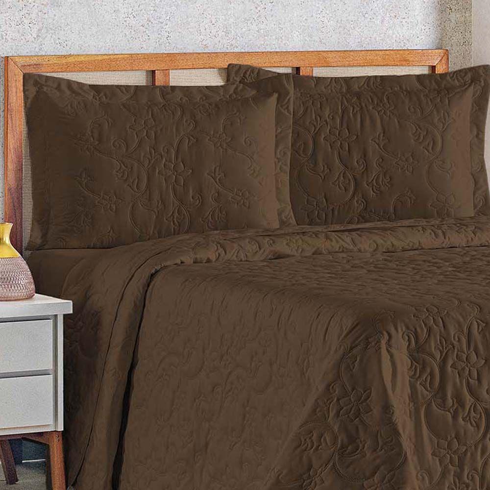 Kit Cobre Leito Colcha Celeste Queen 3 Peças Matelado Floral 180 Fios - Marrom - 2