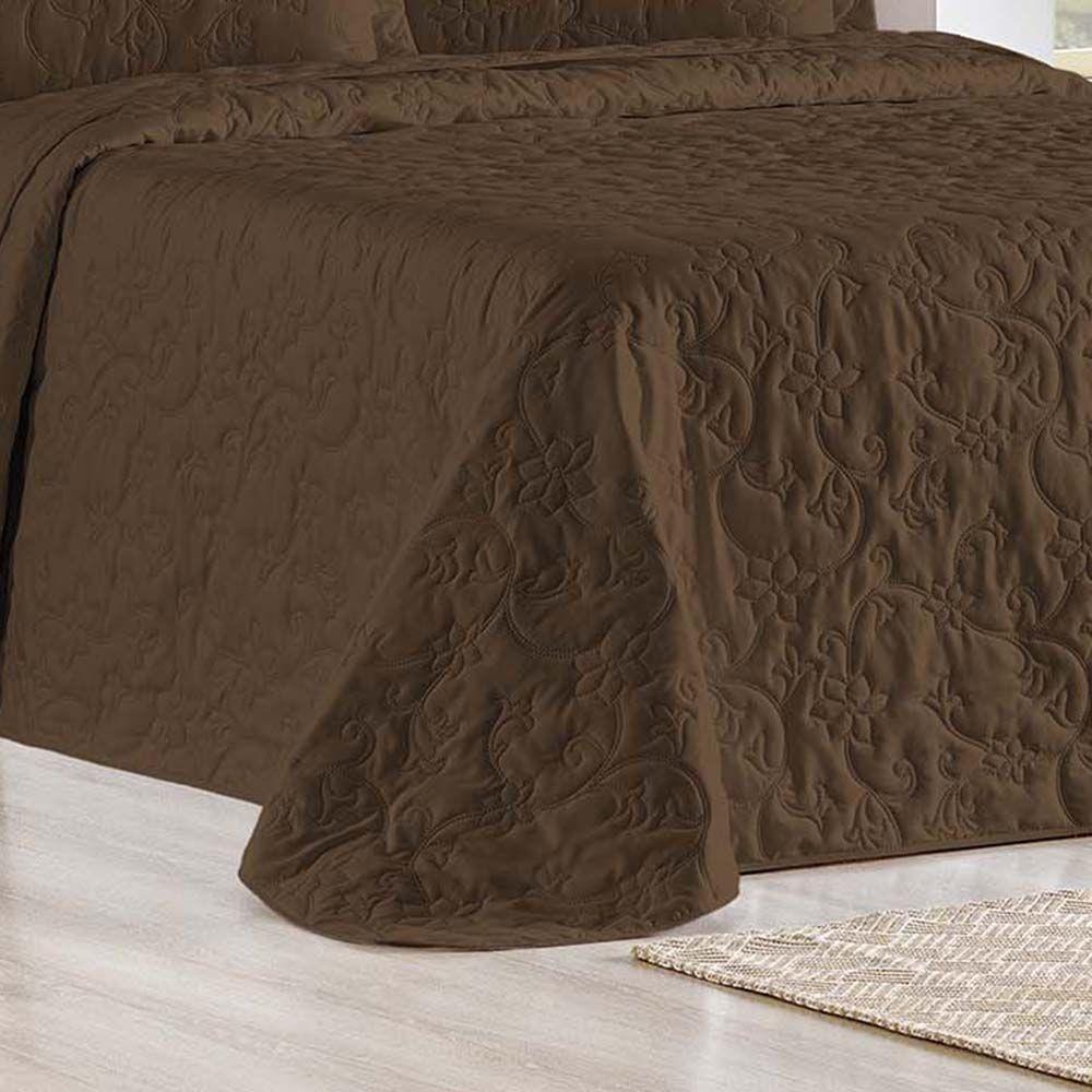 Kit Cobre Leito Colcha Celeste Queen 3 Peças Matelado Floral 180 Fios - Marrom - 3