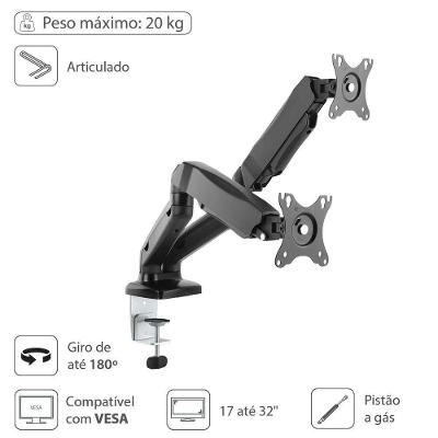 Suporte A Gás Para 2 Monitores 17'' A 32'' Vesa 100x100 Sm-341b