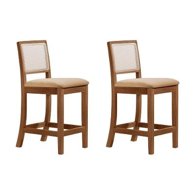 Kit 2 Banquetas Altas Luxo Em Tela Sextavadas Assento Estofado Linho Bege Rubi Madeira Maciça Imbuia
