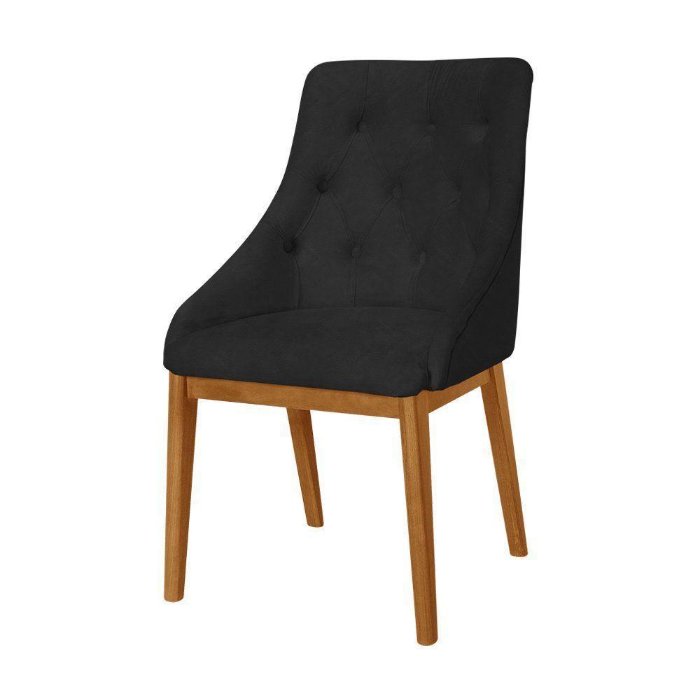 Kit 2 Cadeiras De Jantar Luxo Estofada Elisa Anatômica Capitonê Em Couro Pu Preto Base Madeira Maciç - 2