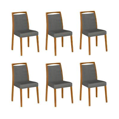Kit 6 Cadeiras De Jantar Luxo Estofadas Jade Linho Chumbo Base Madeira Maciça Mel