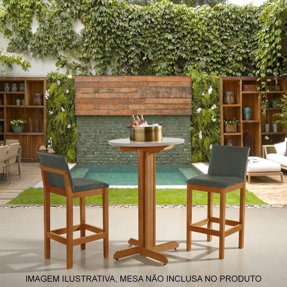 Kit 2 Banquetas Alta Luxo Pérola Com Encosto Estofada Em Linho Chumbo Madeira Maciça Castanho - 1