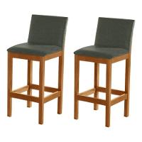 Kit 2 Banquetas Alta Luxo Pérola Com Encosto Estofada Em Linho Chumbo Madeira Maciça Castanho