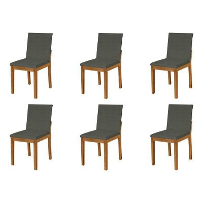Kit 6 Cadeiras De Jantar Luxo Pérola Estofadas Em Linho Chumbo Base Madeira Maciça Mel