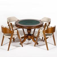 Mesa De Jogos Redonda 140cm New Orleans M04 Com 04 Cadeiras Estofadas Suran Linho Bege - Lyam Decor - 1