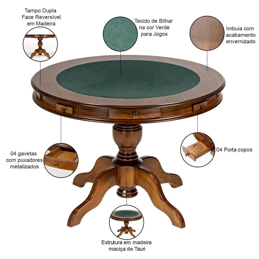 Mesa De Jogos Redonda Tampo Reversível Gavetas E Porta Copos 140cm M04 Imbuia - Lyam Decor - 3