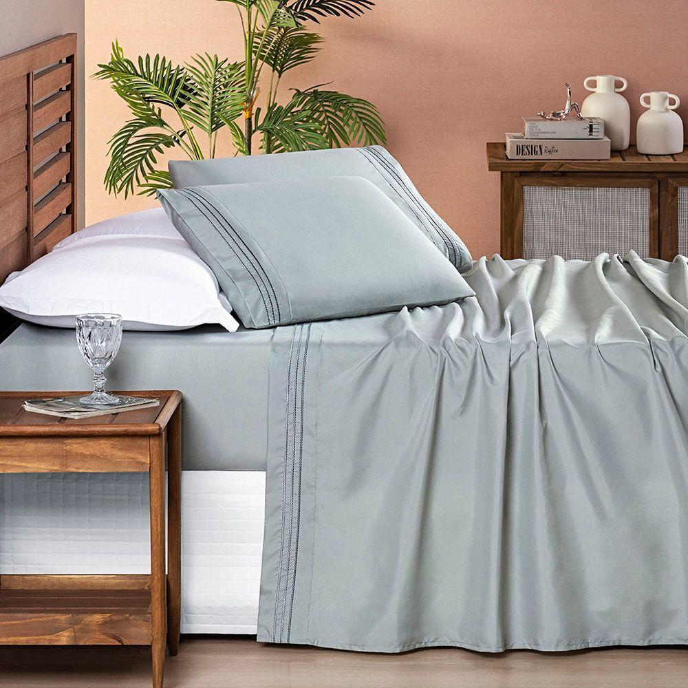 Jogo Cama Lençol Honore Queen Micro Percal 200 Fios C/ Detalhes Bordados 4 Peças - Cinza Geada - 5