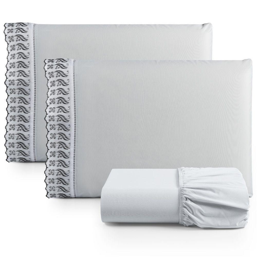 Jogo Cama Lençol Paris Casal Padrão Percal 180 Fios 100% Algodão Lese Bordada 3 Peças - Cinza - 1