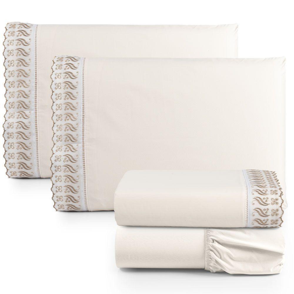 Jogo Cama Lençol Paris Casal Padrão Percal 180 Fios 100% Algodão Lese Bordada 4 Peças - Palha - 1