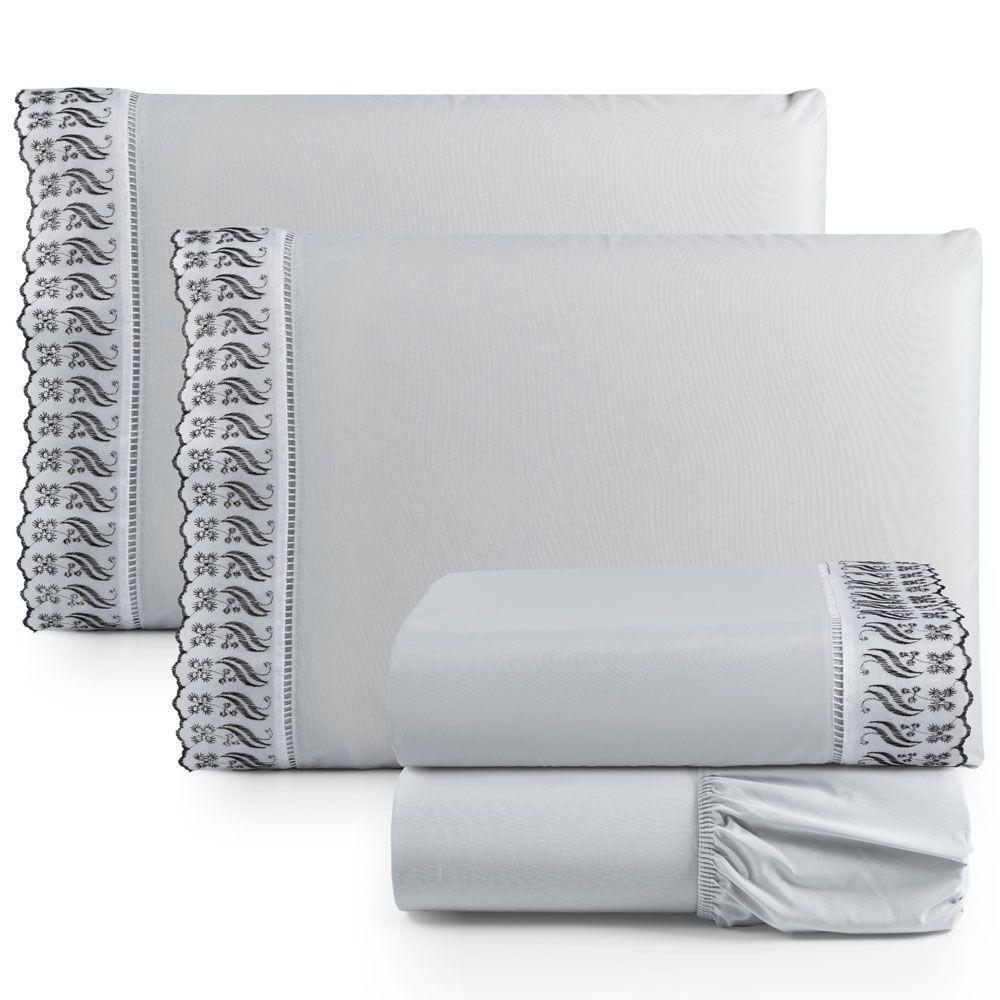 Jogo Cama Lençol Paris Casal Padrão Percal 180 Fios 100% Algodão Lese Bordada 4 Peças - Cinza - 1