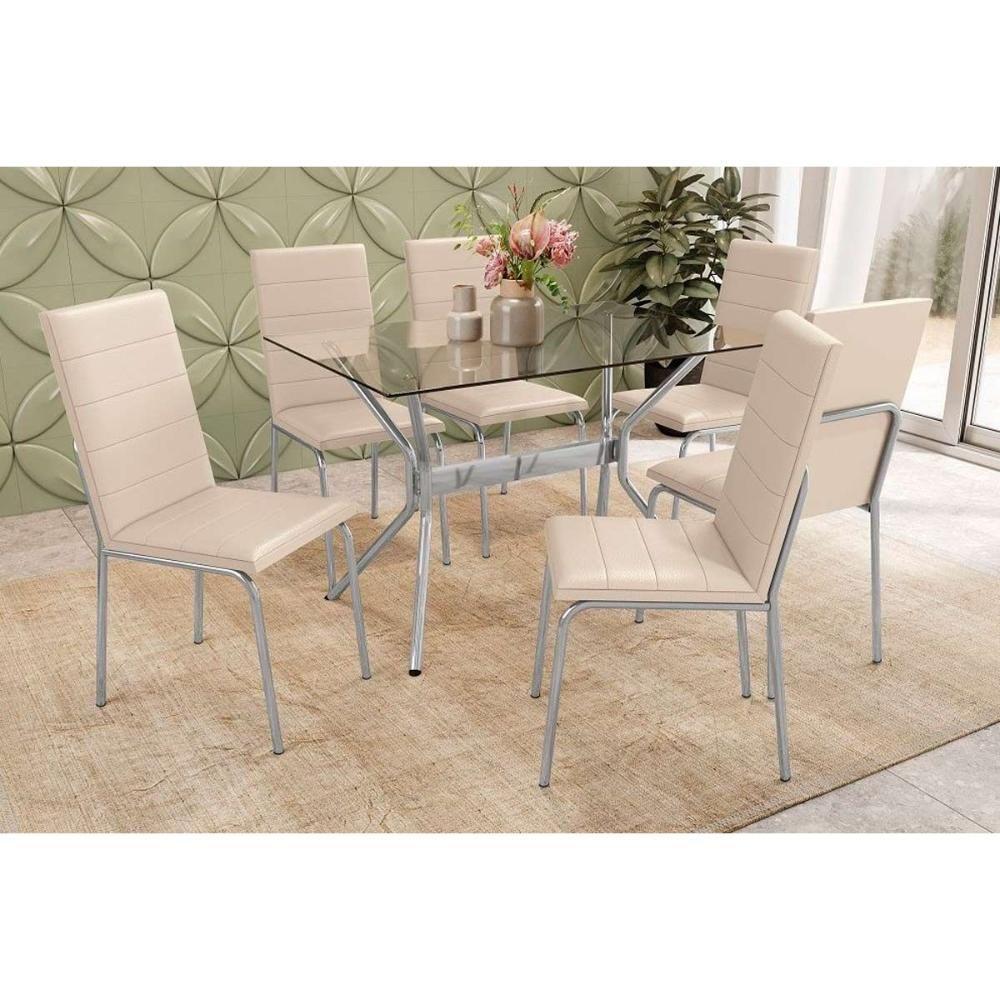 Sala De Jantar Loire Com Tampo De Vidro 120x80cm E 6 Cadeiras Amsterdã Cromada Nude - 1