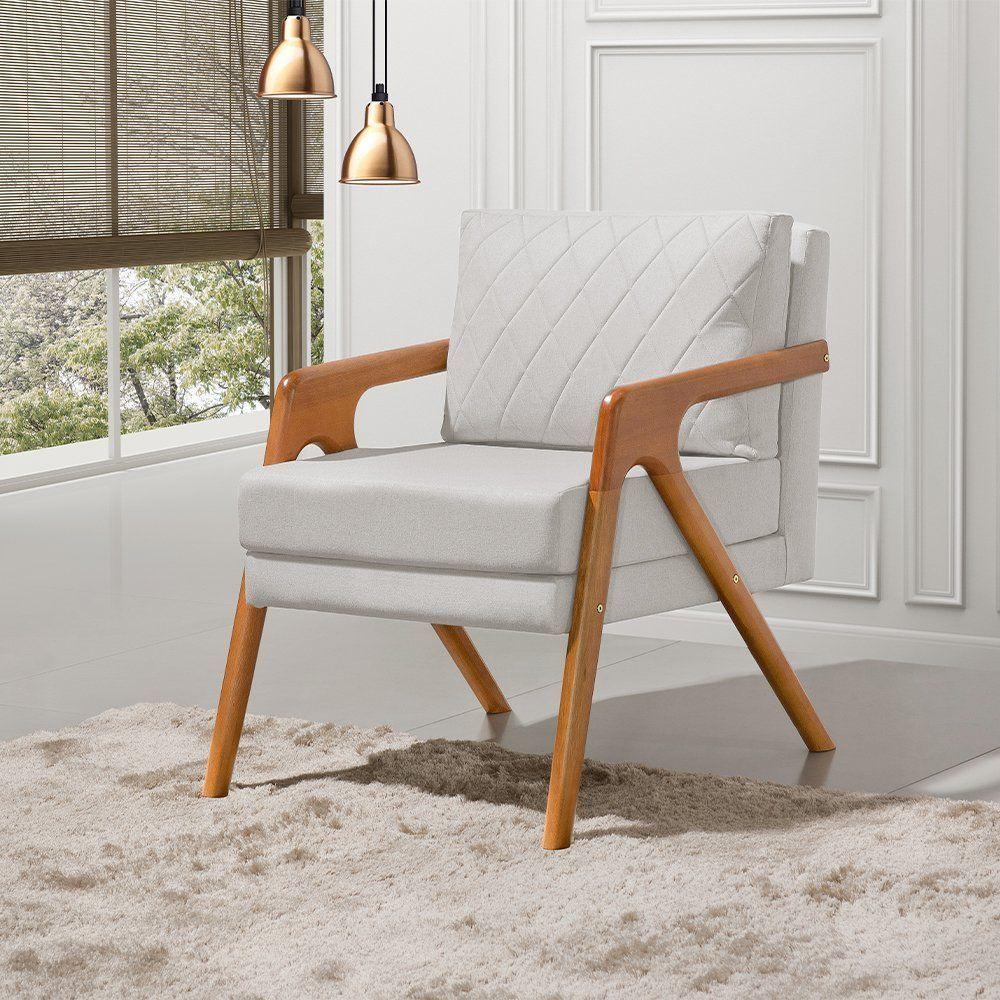 Poltrona Mona Luxo Onix Madeira Maciça Tecido Linho Cinza Web Holz - 1