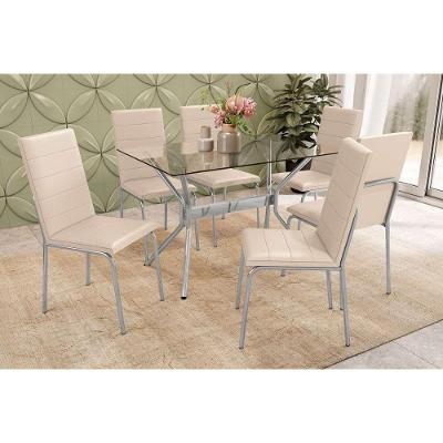 Conjunto Mesa Sala Jantar Loire Com Tampo De Vidro 120x80cm E 6 Cadeiras Amsterdã Cromada Nude Kappesberg