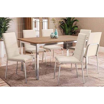 Conjunto Mesa Sala Jantar Reno Tampo Madeirado 90x160cm E 6 Cadeiras Amsterdã Cromado Nogueira Nude Kappesberg