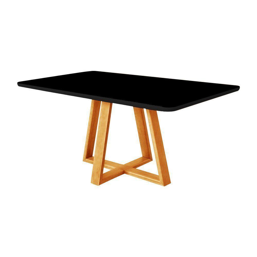 Mesa De Jantar Luxo 120x90 Tampo Mdf/vidro Para 4 Lugares Pés Madeira Maciça Pérola - Mel/preto - 1