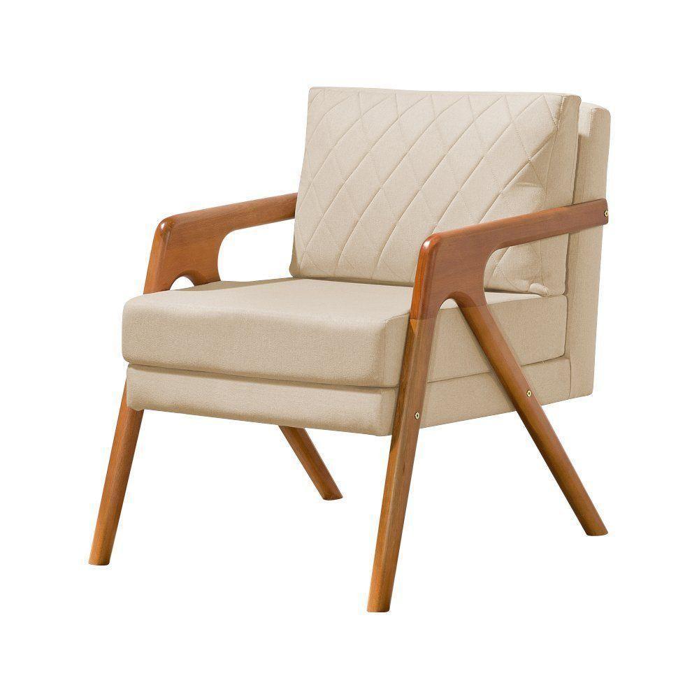 Poltrona Mona Luxo Onix Madeira Maciça Tecido Linho Bege Web Holz - 2