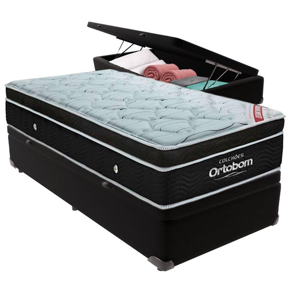 Cama Box Baú Preto E Colchão Elegant Molas Ensacadas Solteiro Ortobom - 1