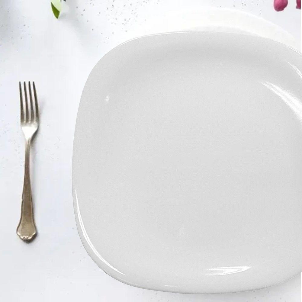 Jogo 6 Prato Raso Branco Quadrado Square 25,5cm Vidro Opalino Jantar Em Casa Tem - 3